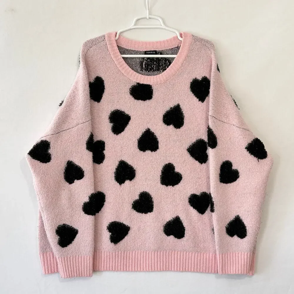 Torrid Sweater Women’s Plus 2X Oversized Baggy Pink Hearts Soft Comfy Snuggly